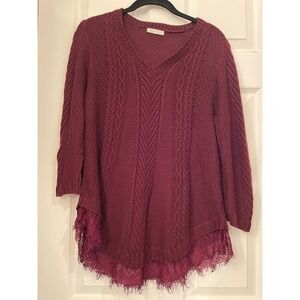 Margeaux & Ellie Womens Burgundy Cable Knit Lace Trim Sweater V-Neck S72633FM L